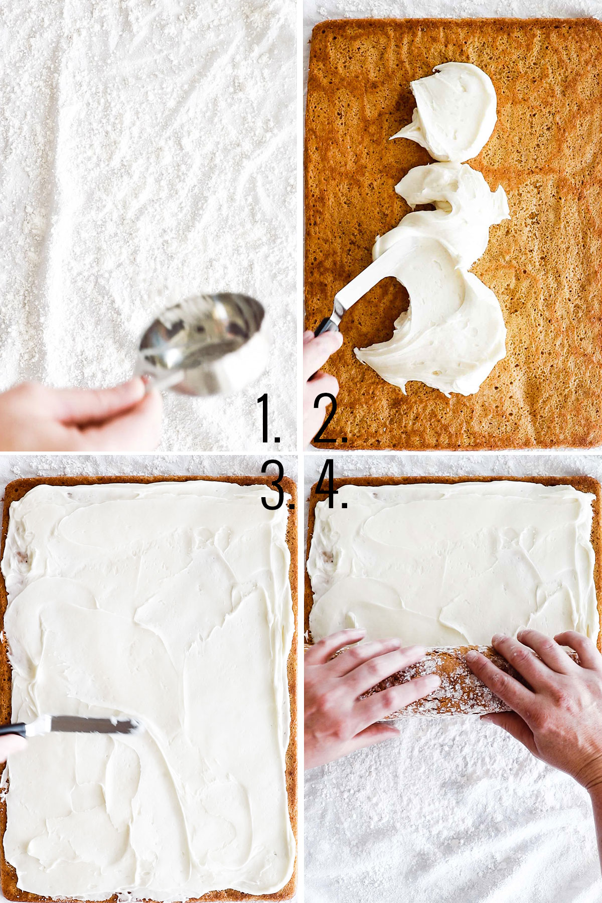 4 process shots of spreading cream cheese frosting on cake and rolling up the cake
