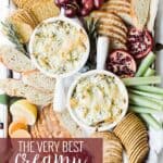 Pin for pinterest with spinach dip image and text on top.