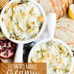 Pin for pinterest with spinach artichoke dip image and text on top.