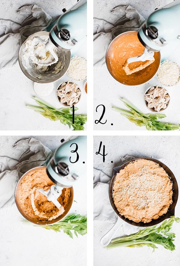 Hot buffalo chicken dip process - showing mixing in a stand mixer and spreading in a cast iron skillet.