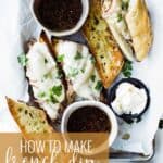 Pin for pinterest graphic with images of beef dip sandwiches on a tray.