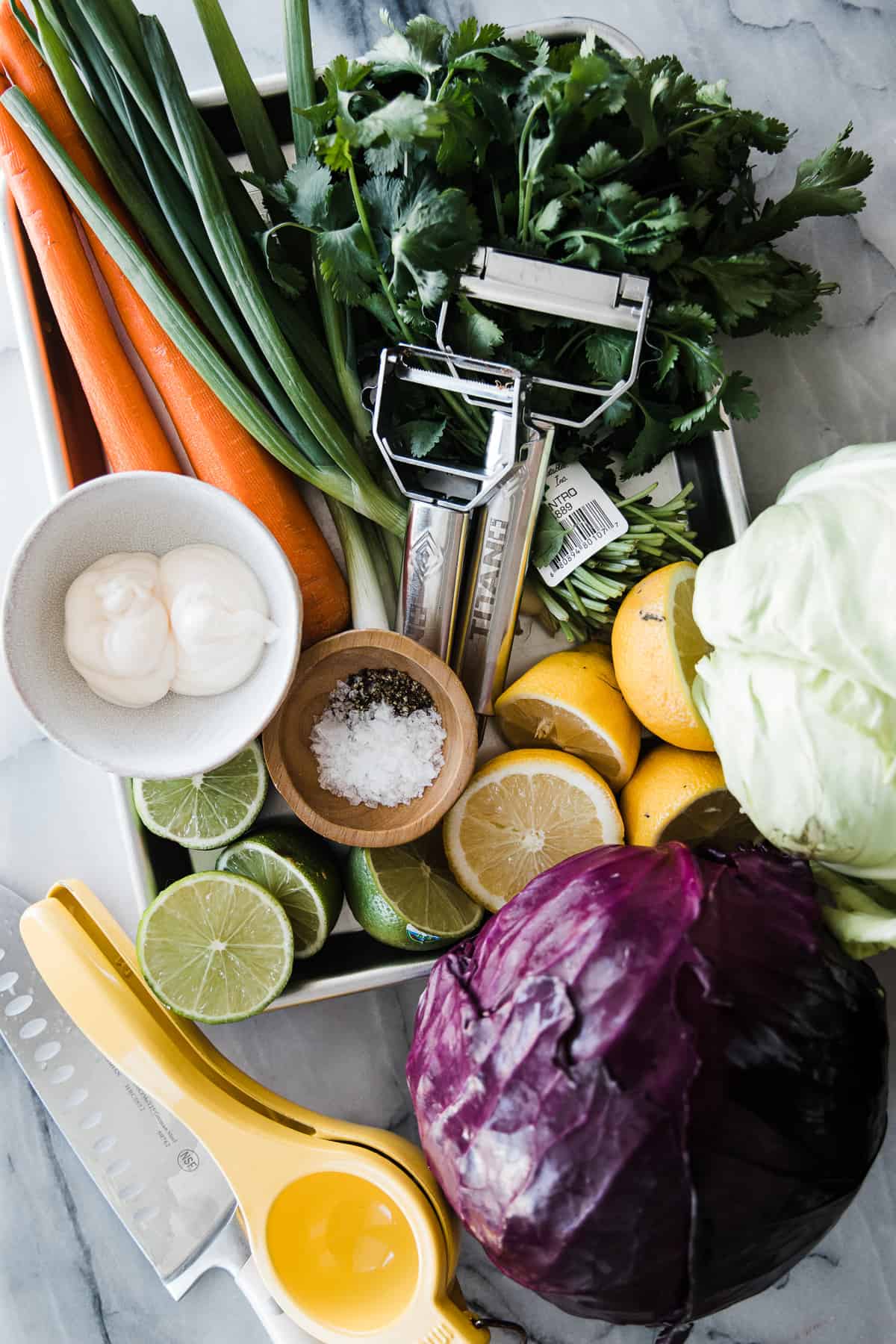 ingredients for slaw on a tray