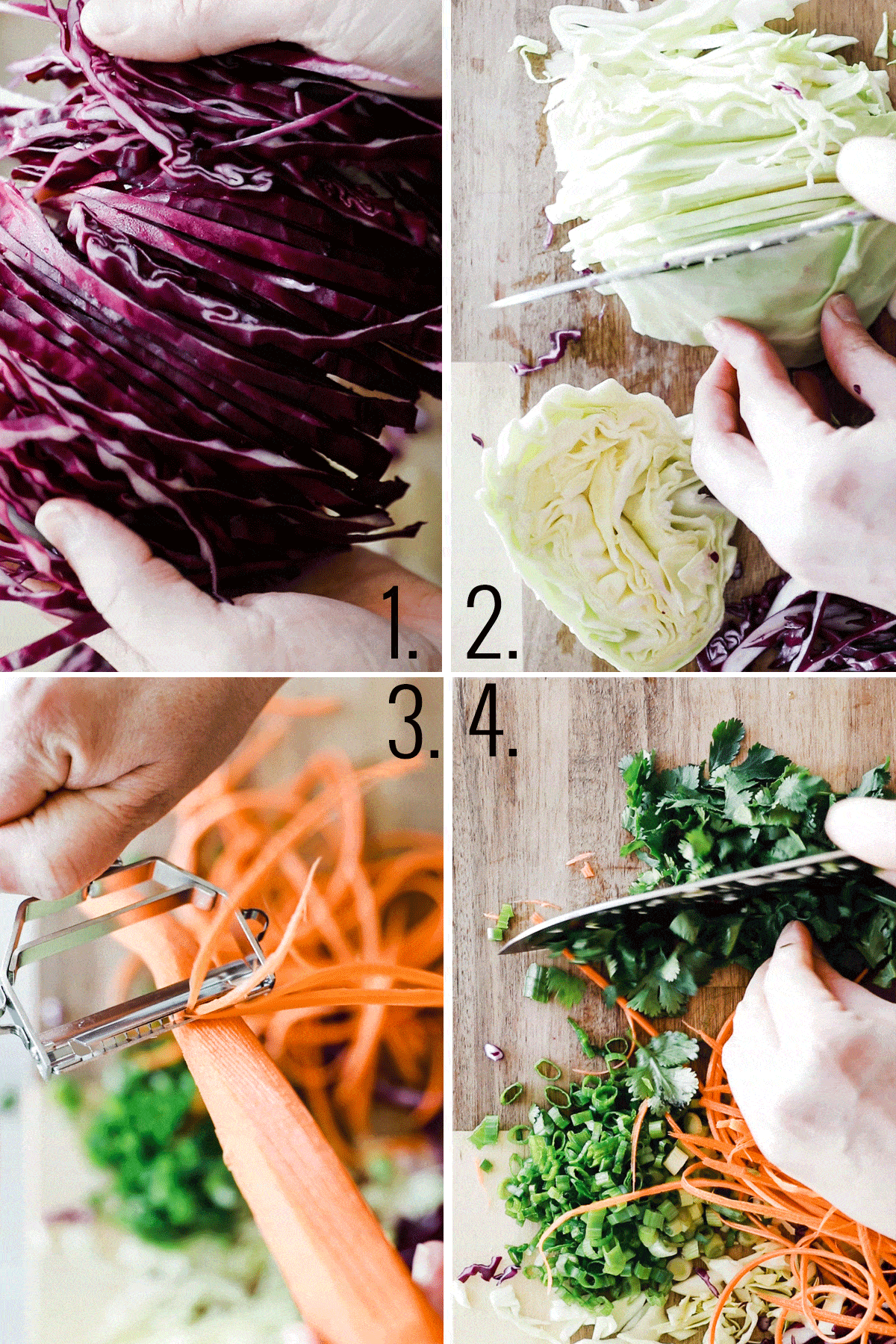 4 images showing how to cut various vegetables for slaw