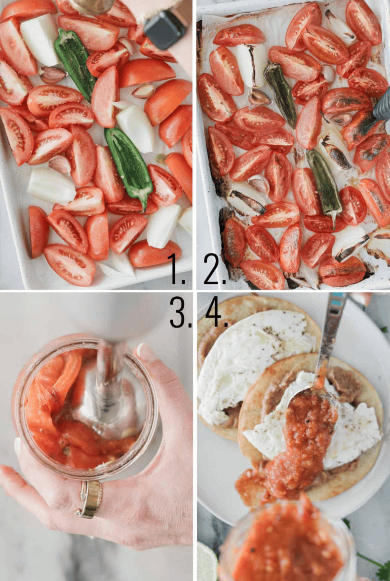 Tomatoes put on a sheet try to cook, then to blend to spread onto a dish.
