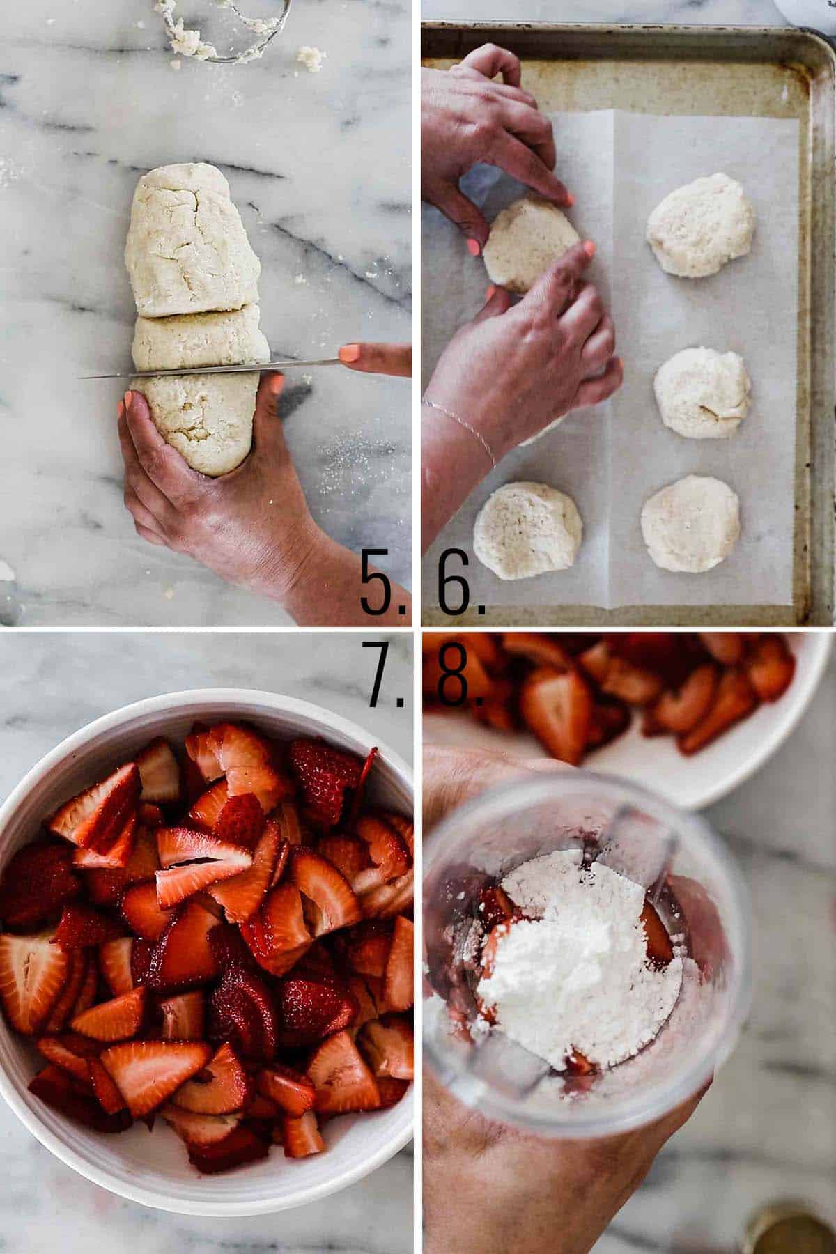 A collage of images showing cutting the shortcakes, laying them on a pan, strawberries in a bowl and some in a blender with powdered sugar.