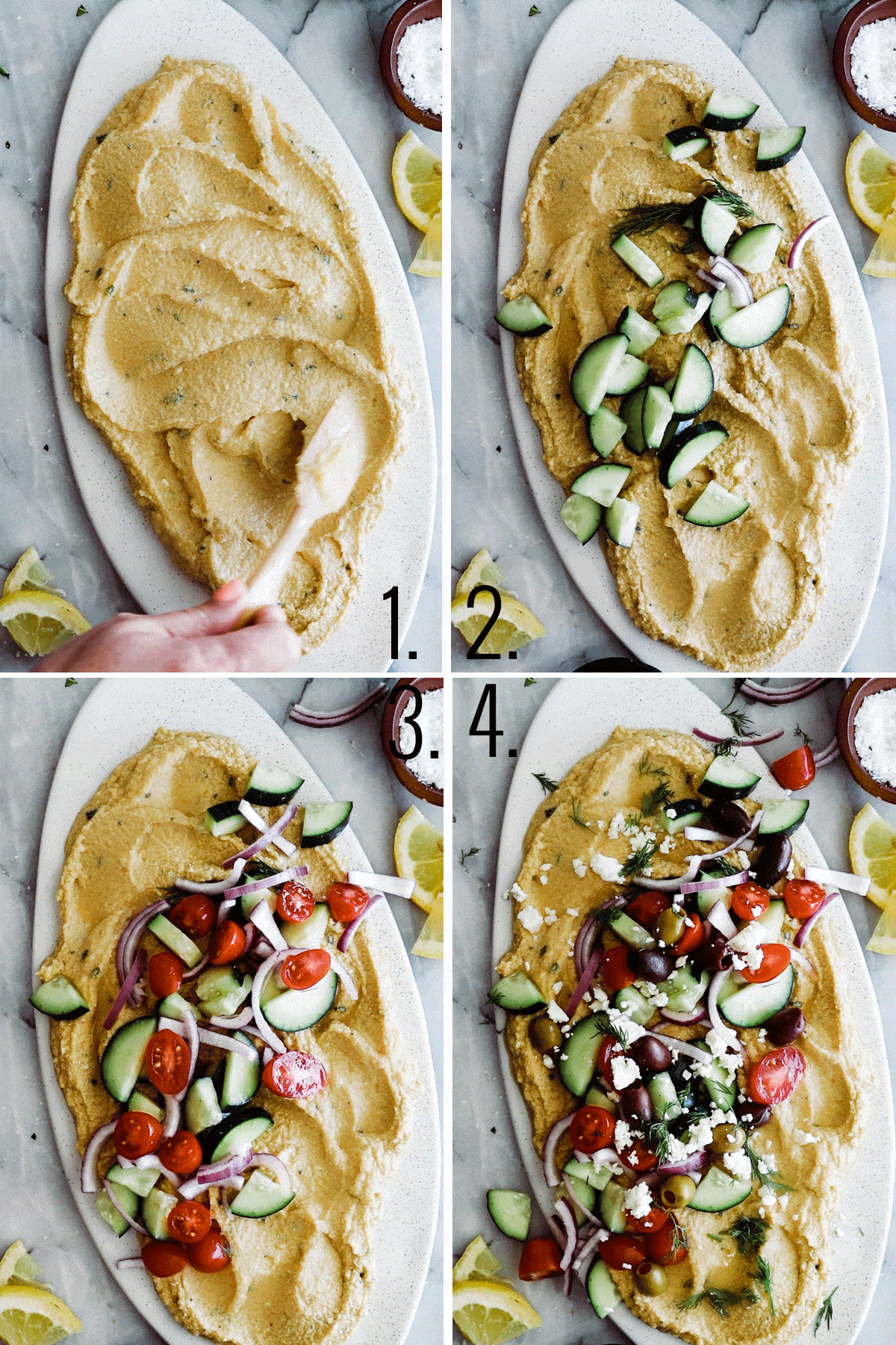 Four photos showing hummus on a platter being loaded with fresh vegetables, olive oil and herbs. 