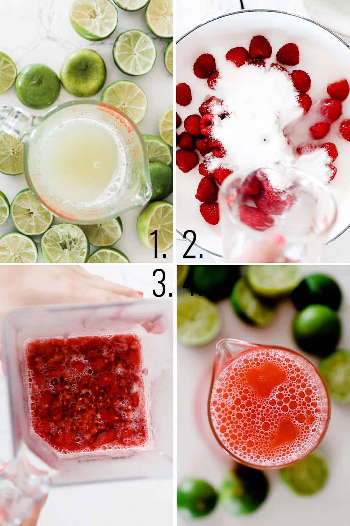 Collage of the steps for making raspberry limeade with fresh raspberries.