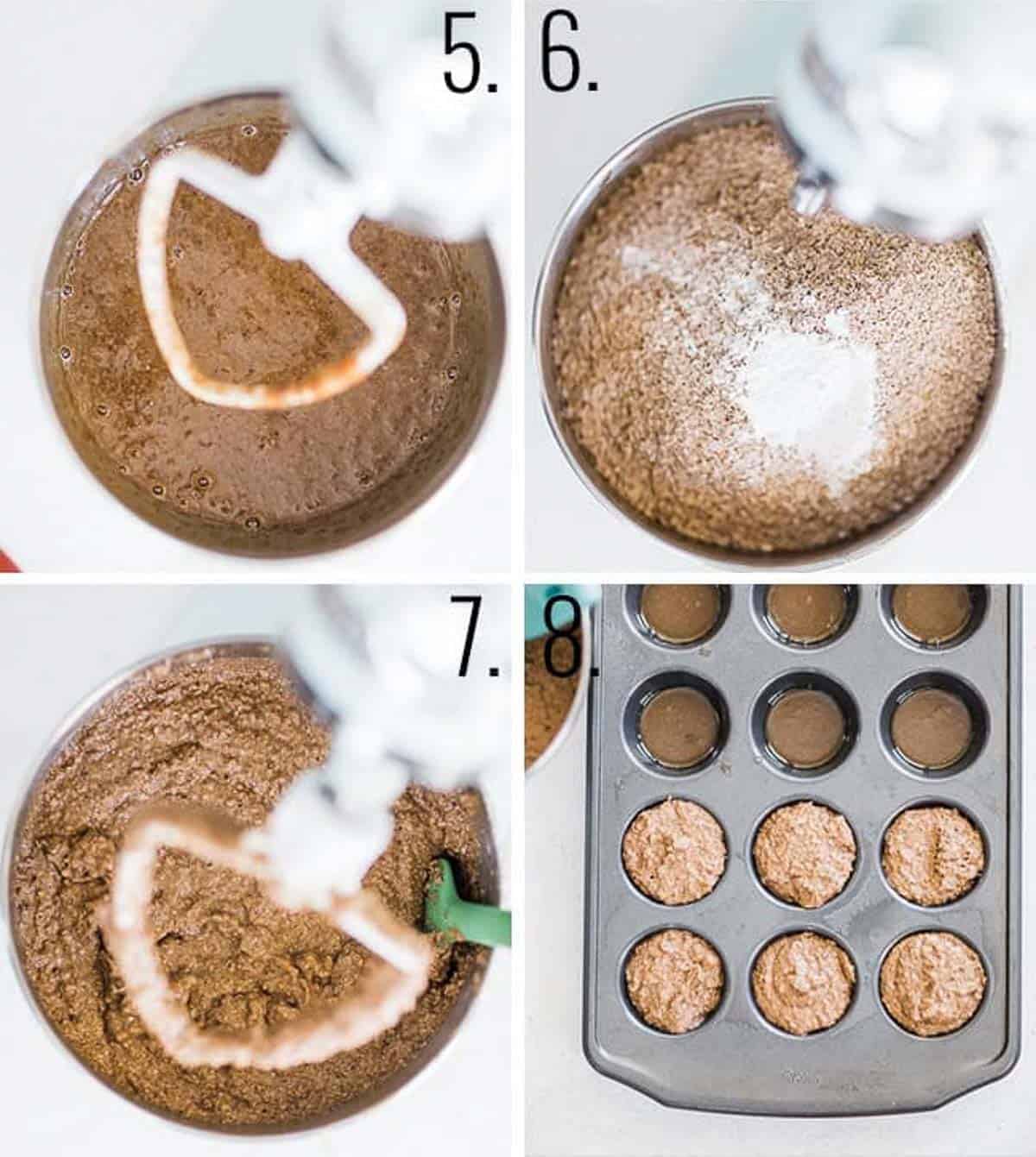 Collage of images showing using a stand mixer to make bran muffins.