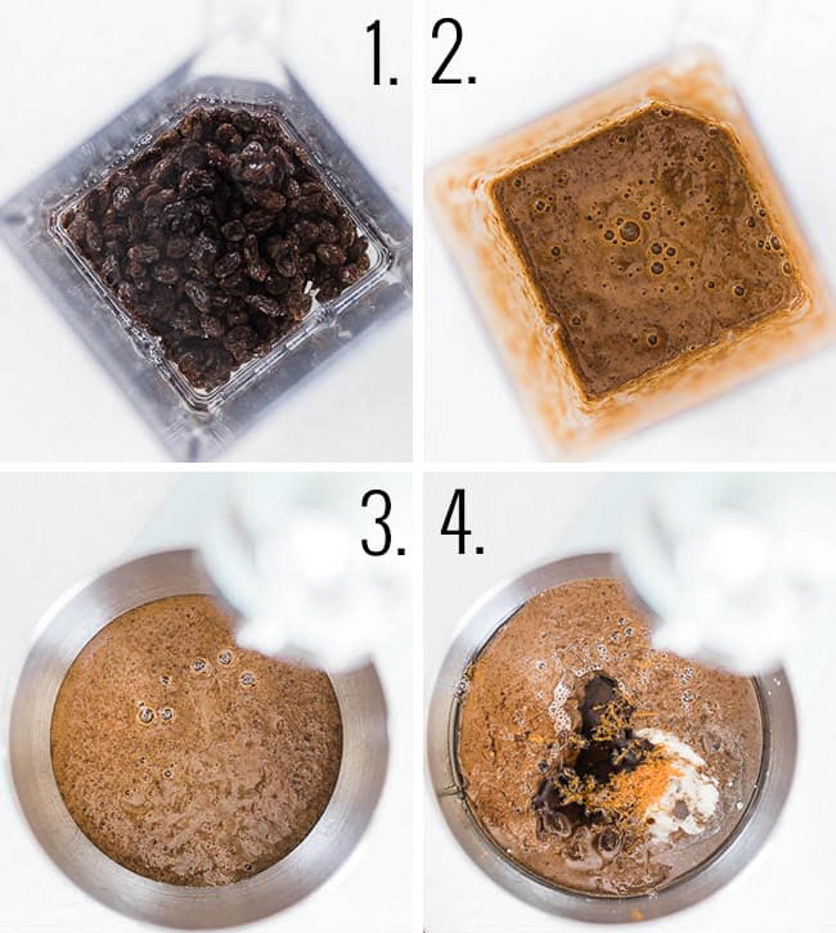 Collage of image showing how to mix up molasses bran muffins.