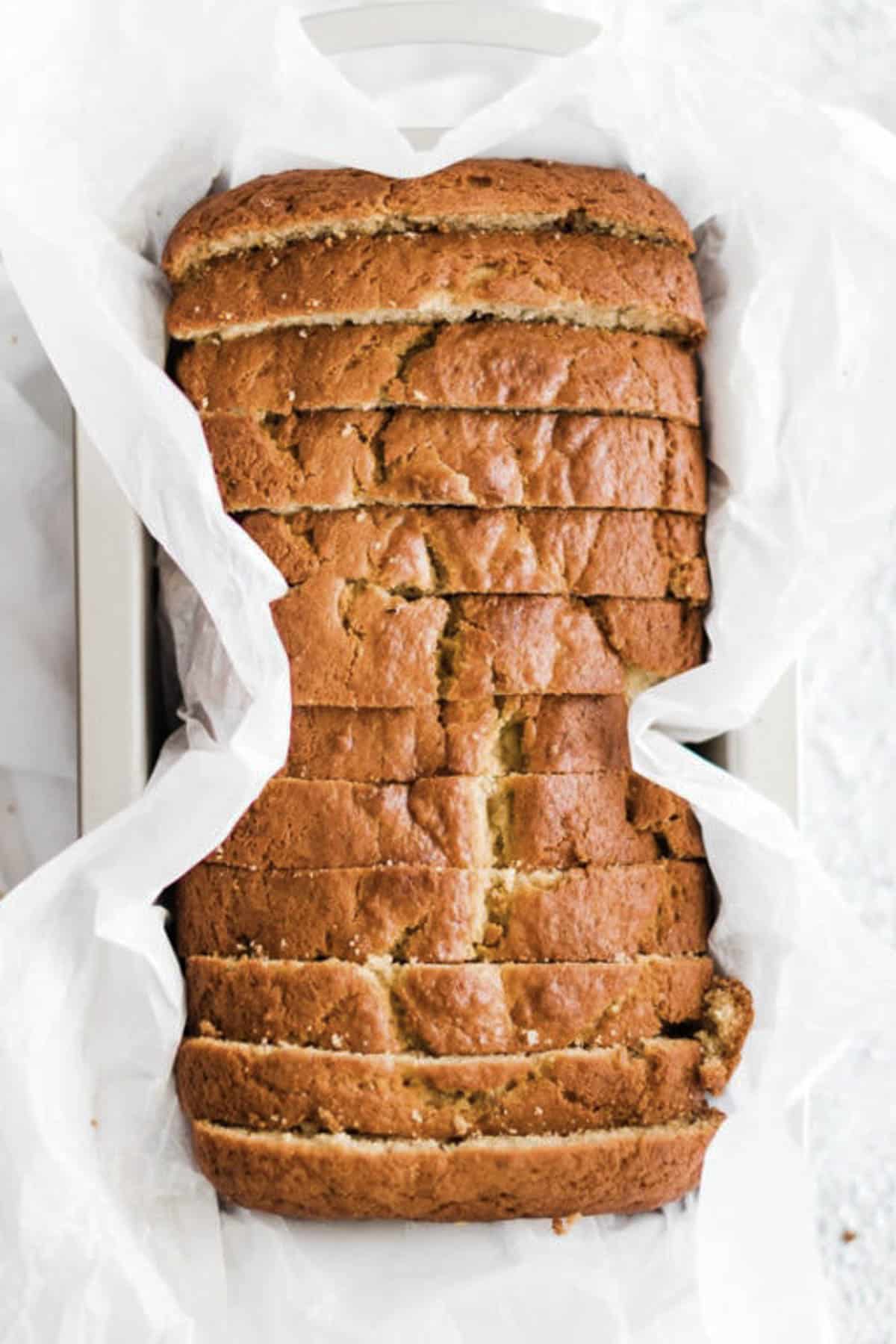 Sliced buttermilk banana bread in a bread pan with paper. 