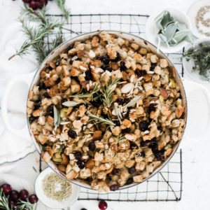 Almond cranberry stuffing in a white braised.