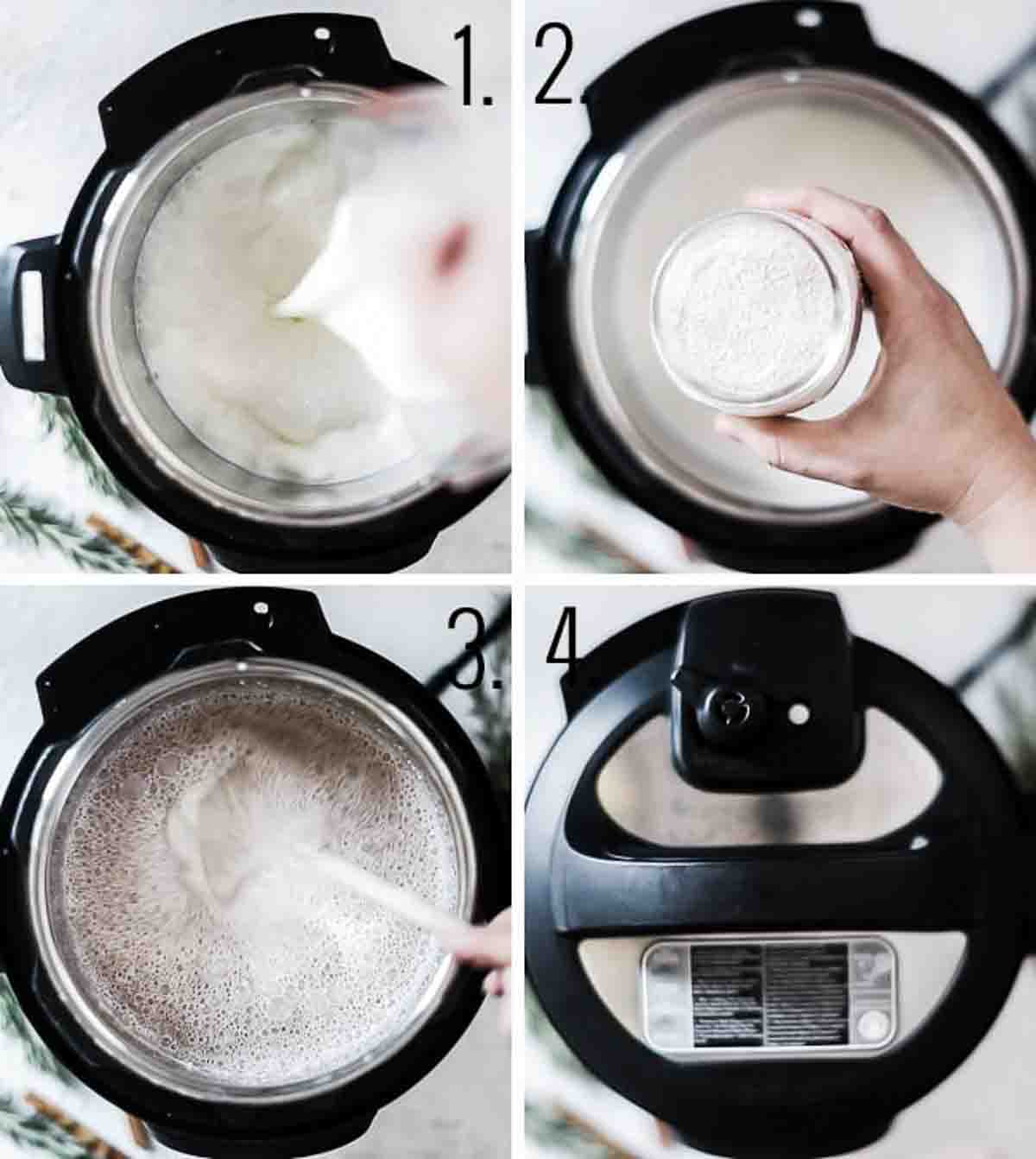 Collage showing how to make warm milk in the pressure cooker.