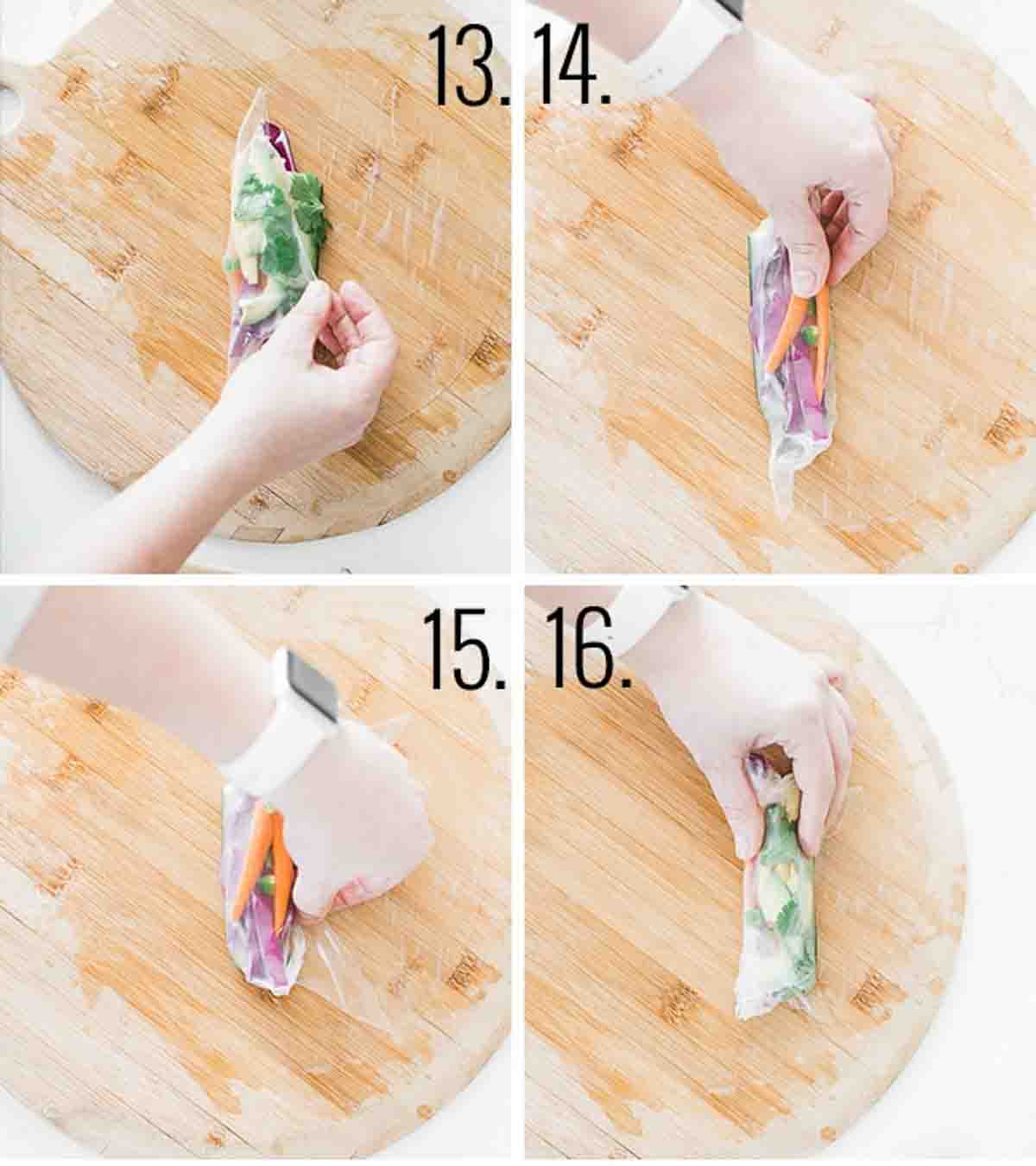 A collage of images showing how to roll rice paper rolls.