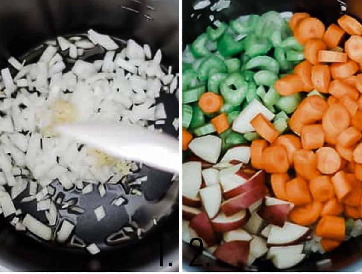 A collage showing cooking the vegetables to make instant pot chicken stew.