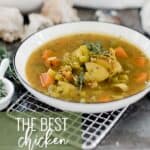 Pin for pinterest graphic with text on top and an image of chicken stew in a bowl.