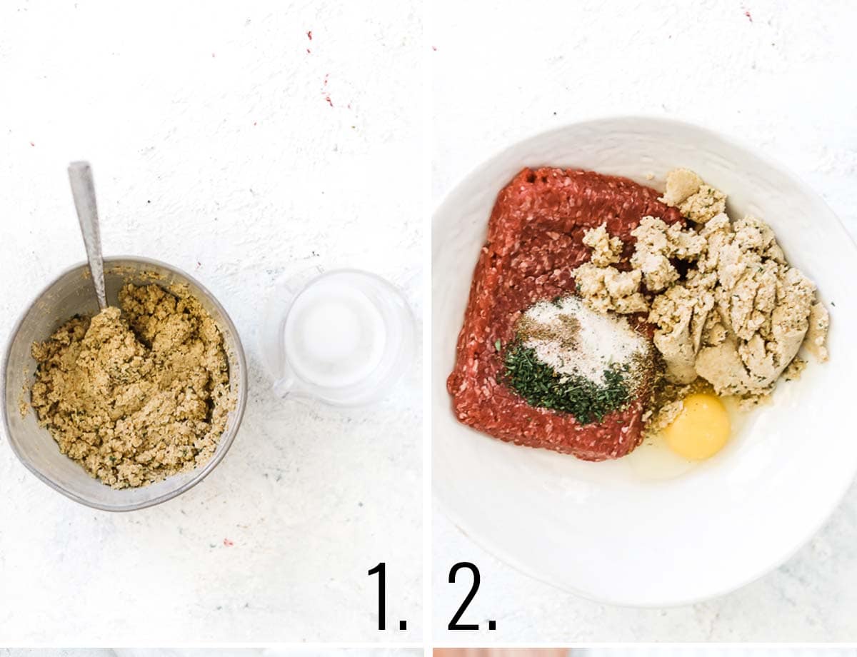 A collage of the breadcrumbs in a bowl with milk added and the meatball ingredients in a bowl.