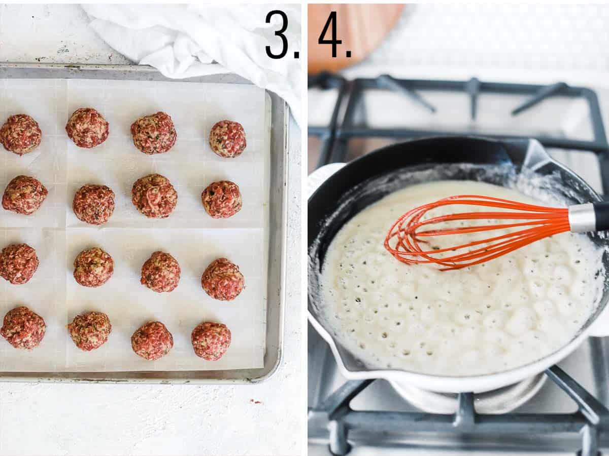 Shaped meatballs on a baking tray and making the Ikea swedish meatball sauce.