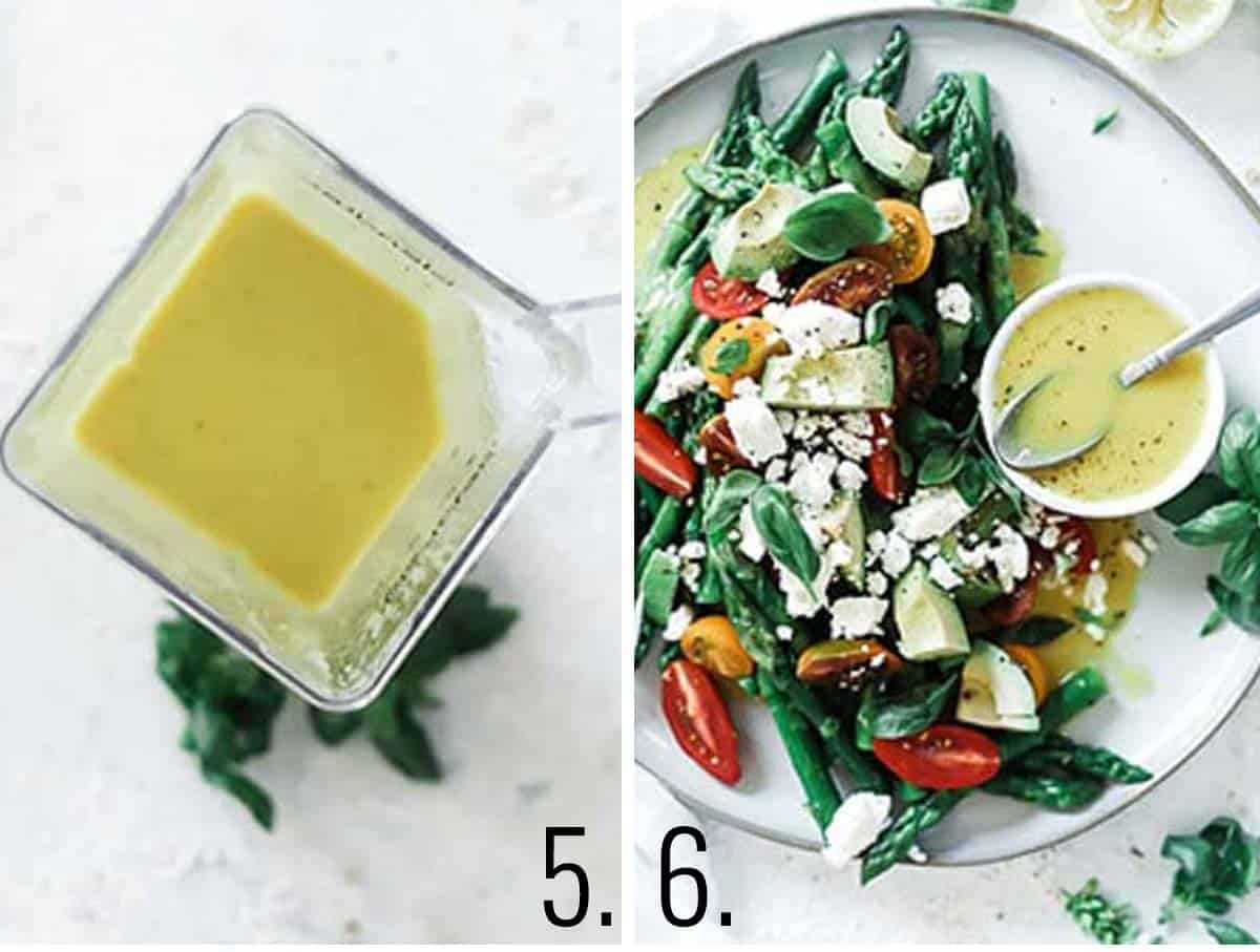 How to make asparagus salad: 5. Blend until smooth. 6. Toss with veggies.