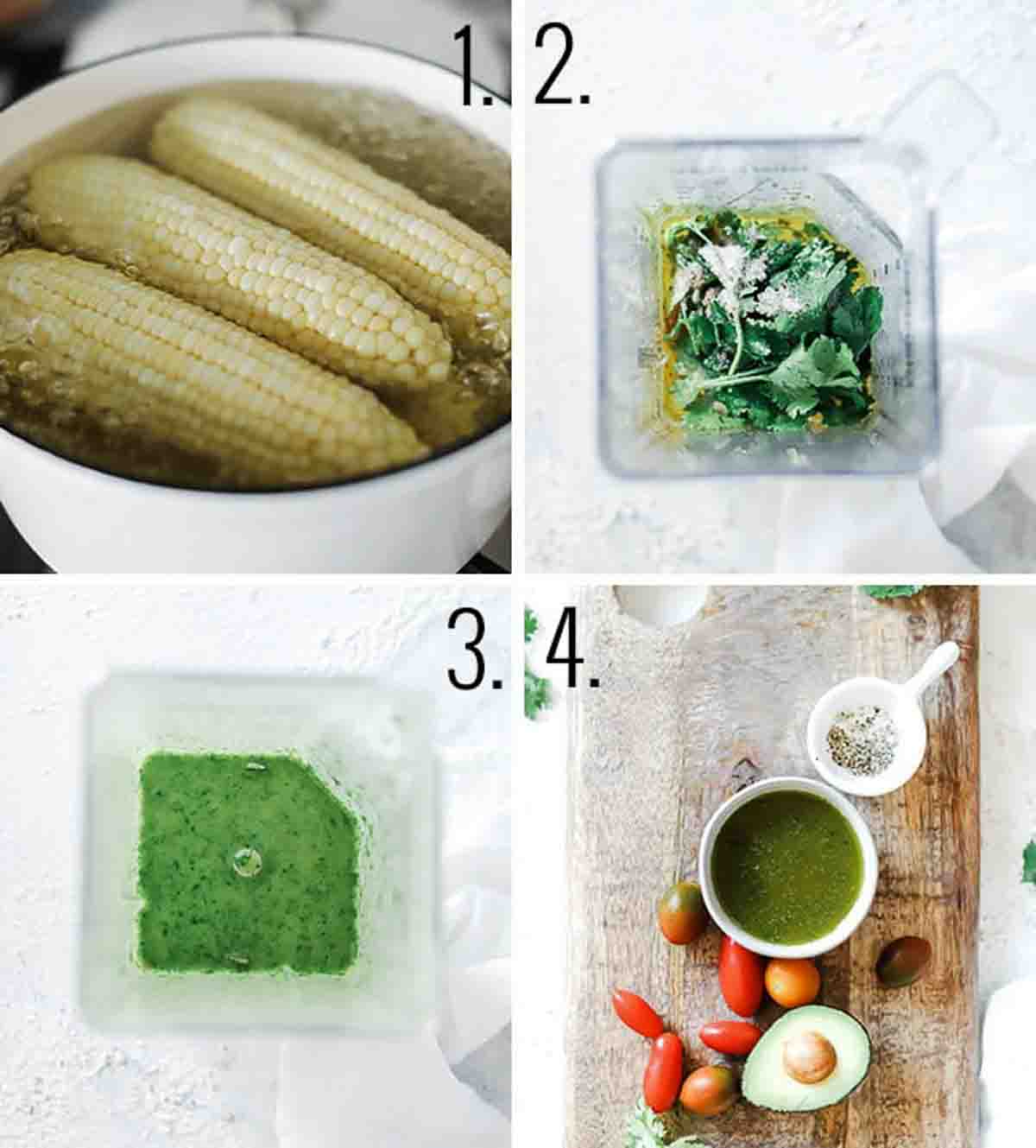 A collage showing the steps to make corn salad including boiling the corn and preparing the dressing.