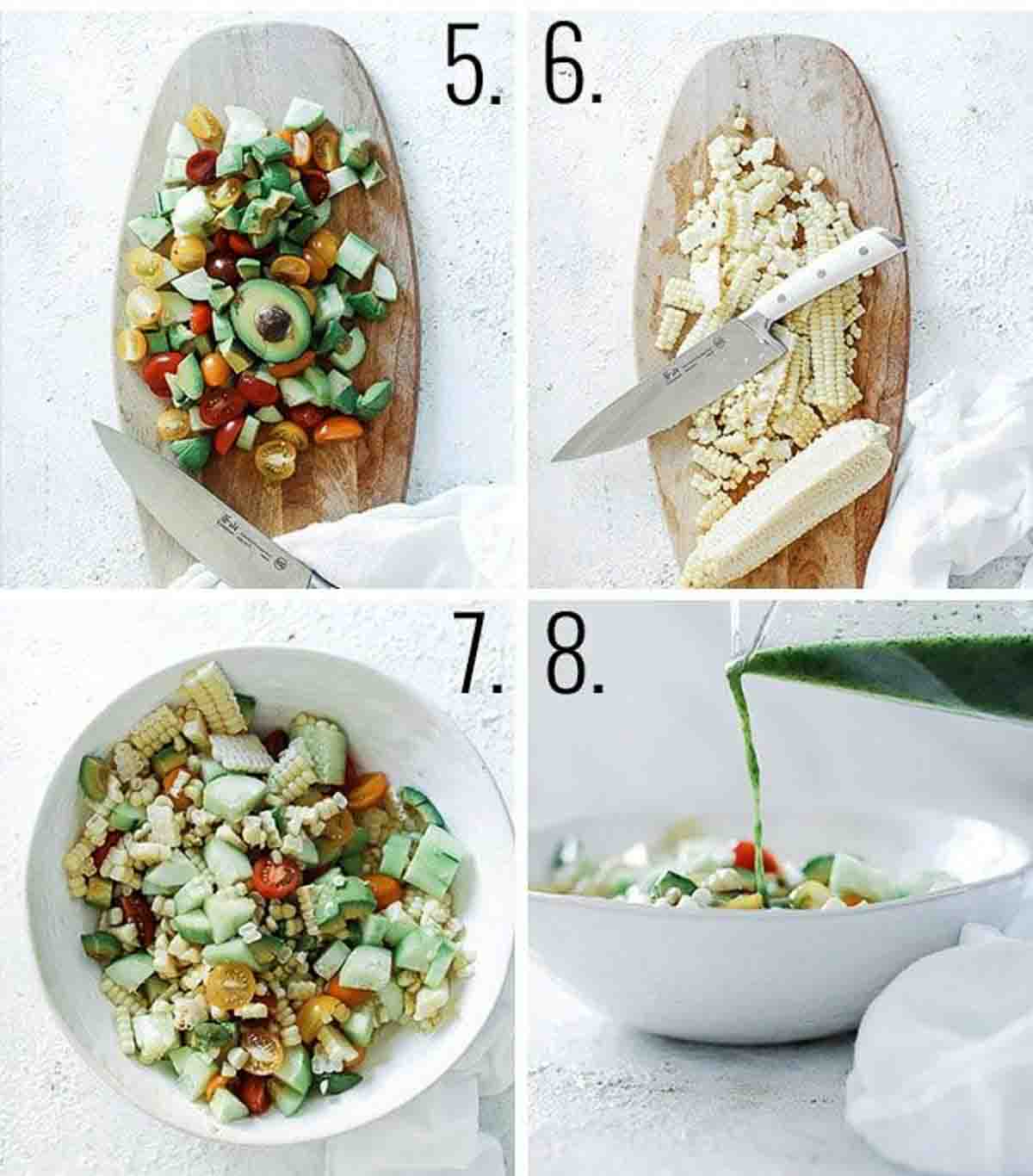 A collage showing the diced veggies, how to cut the corn and assemble the salad.