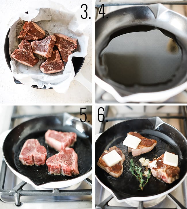 How to make easy lamb chops steps 3-6: season chops, heat oil, fry first side, top with butter.