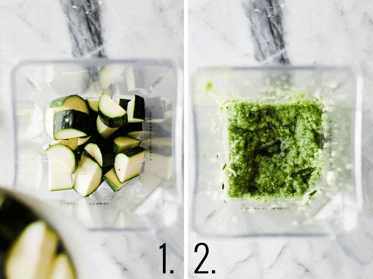 two photos of chopped zucchini and pulsed zucchini.