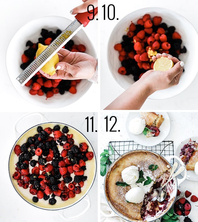 How to make Cobbler part 3 - add zest and lemon juice to berries, add berries to batter. Bake.