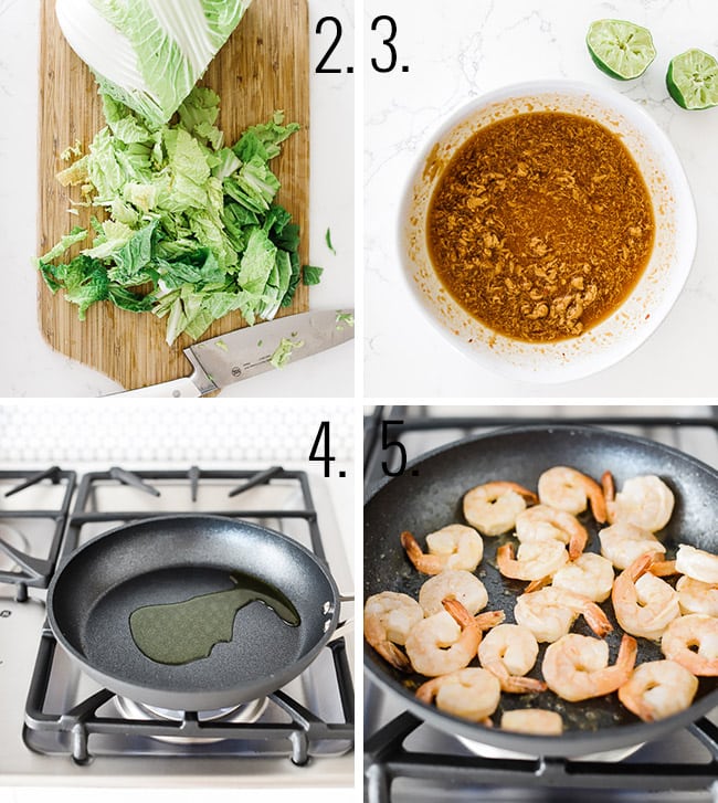 Photos showing noodles pad thai being made in a cast iron skillet.