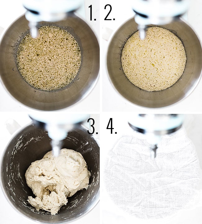 How to make bread bowls steps 1-4: combine yeast and sugar, let proof, add flour, let rise.