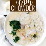 Pin for pinterest graphic with Boston clam chowder in a bread bowl and text on top.