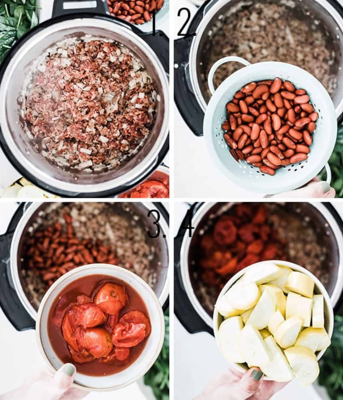 A collage showing the steps to make tortellini soup including browning the sausage, adding beans, tomatoes, and veggies to the pot.