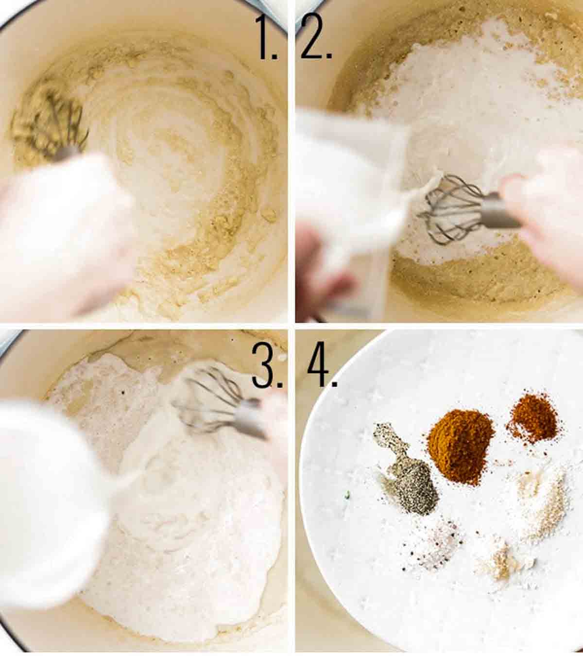 Collage showing how to make a spiced cheese sauce.