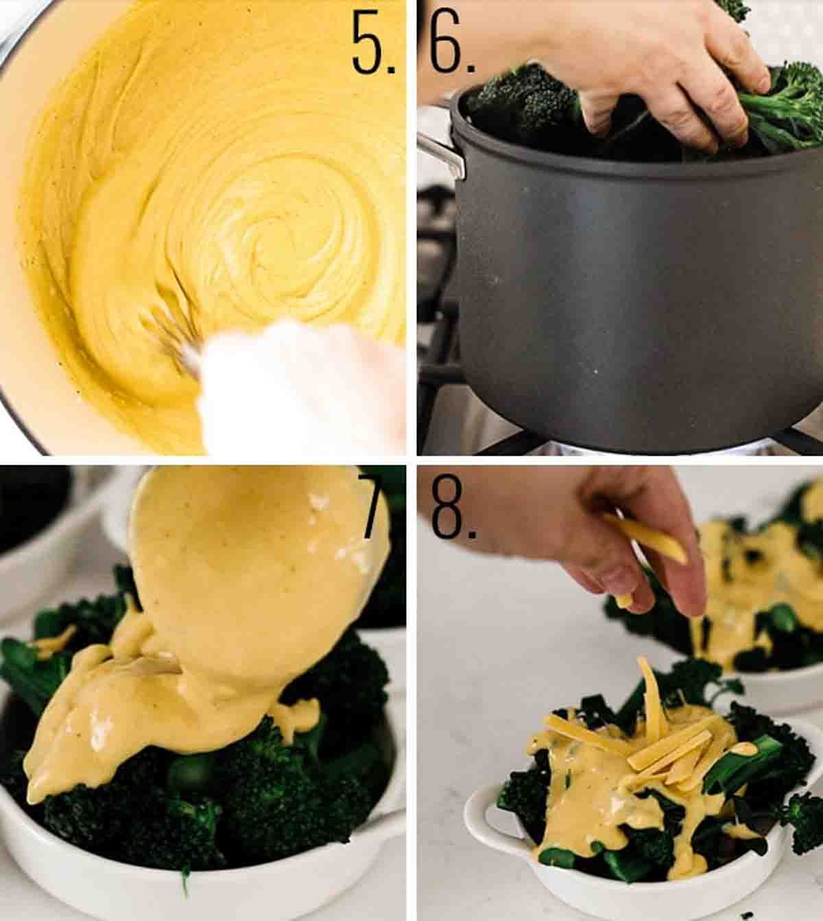 Collage showing how to prepare broccoli and cheese sauce.