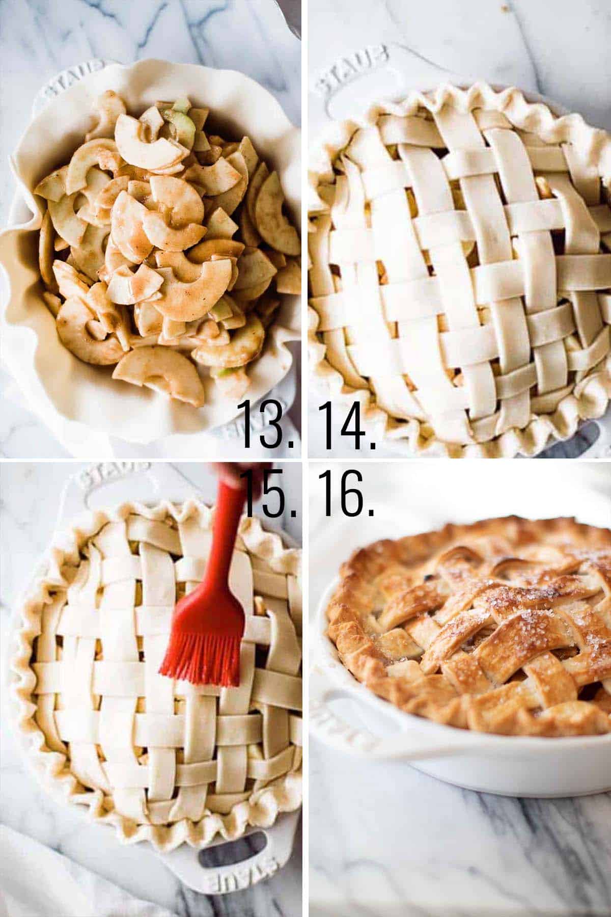 A collage of filling a pie and making lattice crust pie.