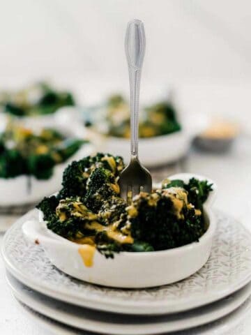 Copycat Outback broccoli and cheese in a dish with a fork.