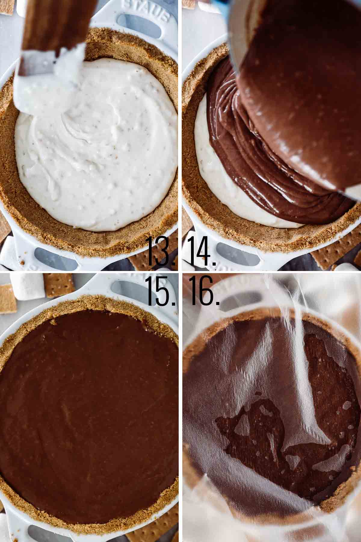 Four photos showing marshmallow layer and chocolate layer of s'mores pie. 