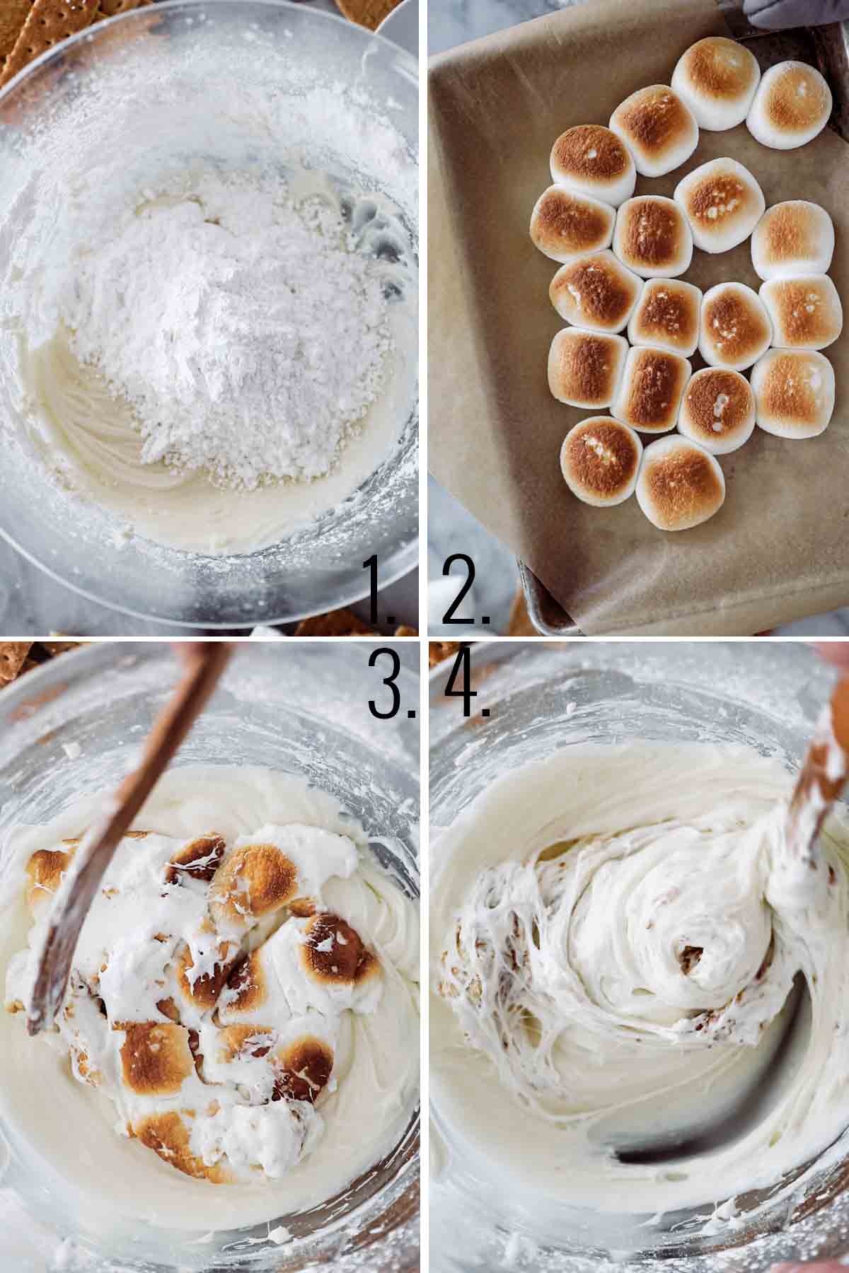 Four photos showing the process of making a toasted marshmallow and cream cheese filling. 