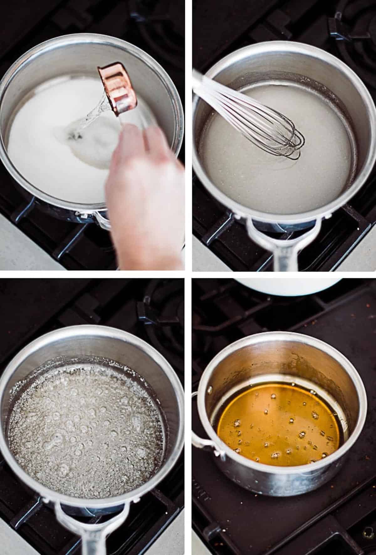 adding caramel ingredients to sauce pan