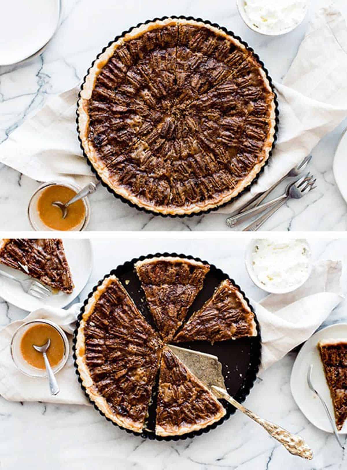 pecan pie baked and sliced