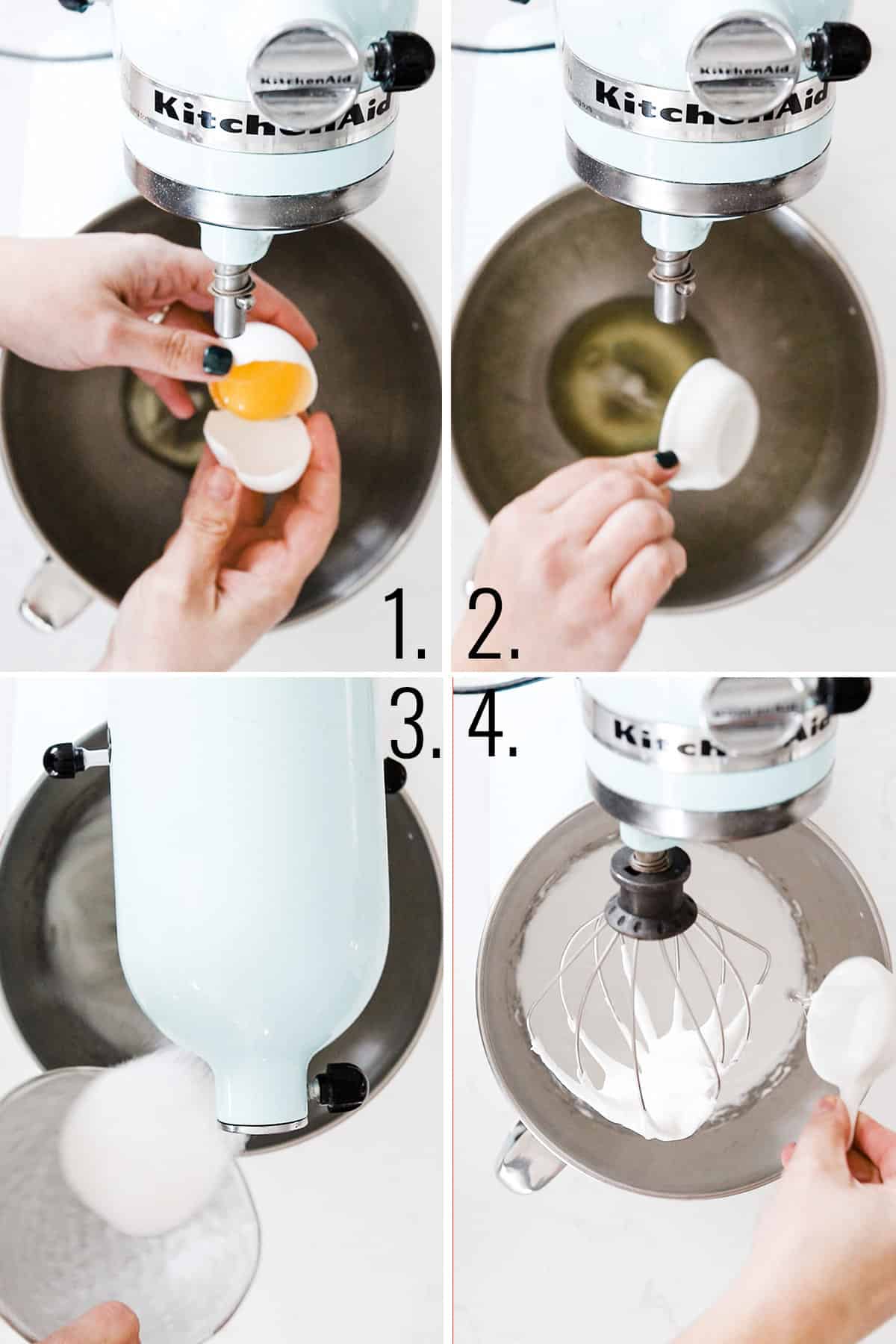 A collage showing the first steps of making meringue cookies with separating the eggs, adding them with salt to the mixer, adding sugar and then vinegar.
