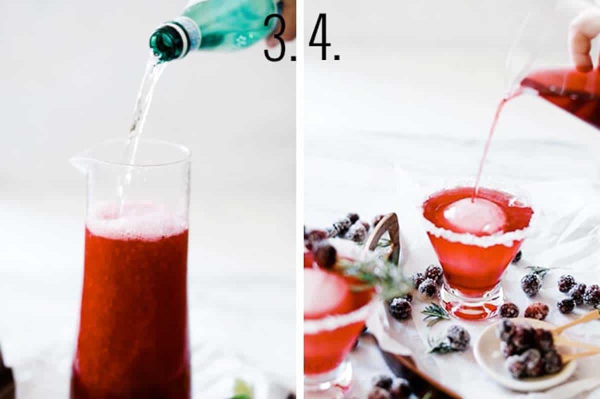Adding the sparkling water and serving up cranberry mocktails.