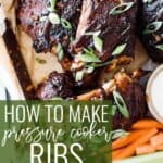 Pinterest graphic with an image of ribs with text on top.