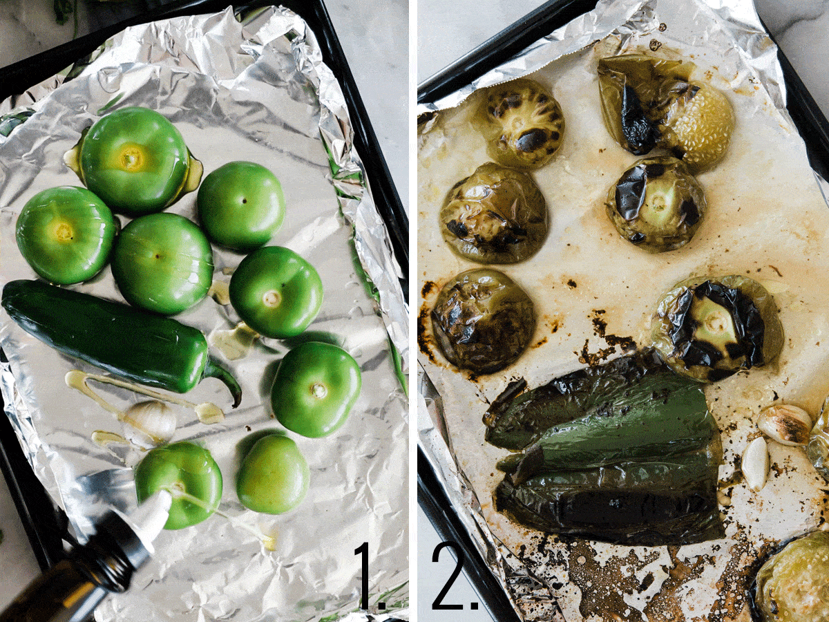 tomatillo and peppers on baking tray and then broiled