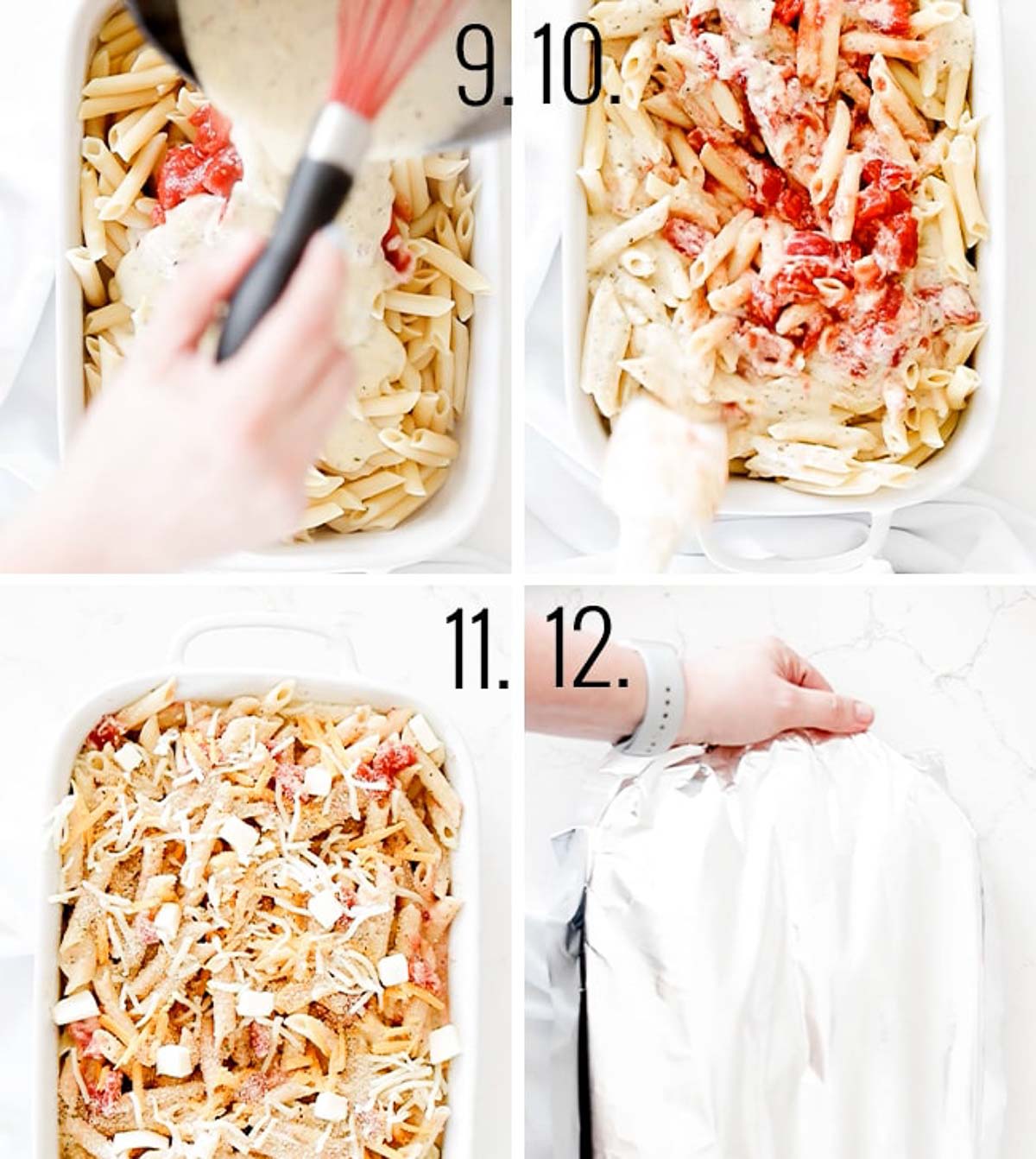 Collage of images showing the final steps in making italian pasta bake.