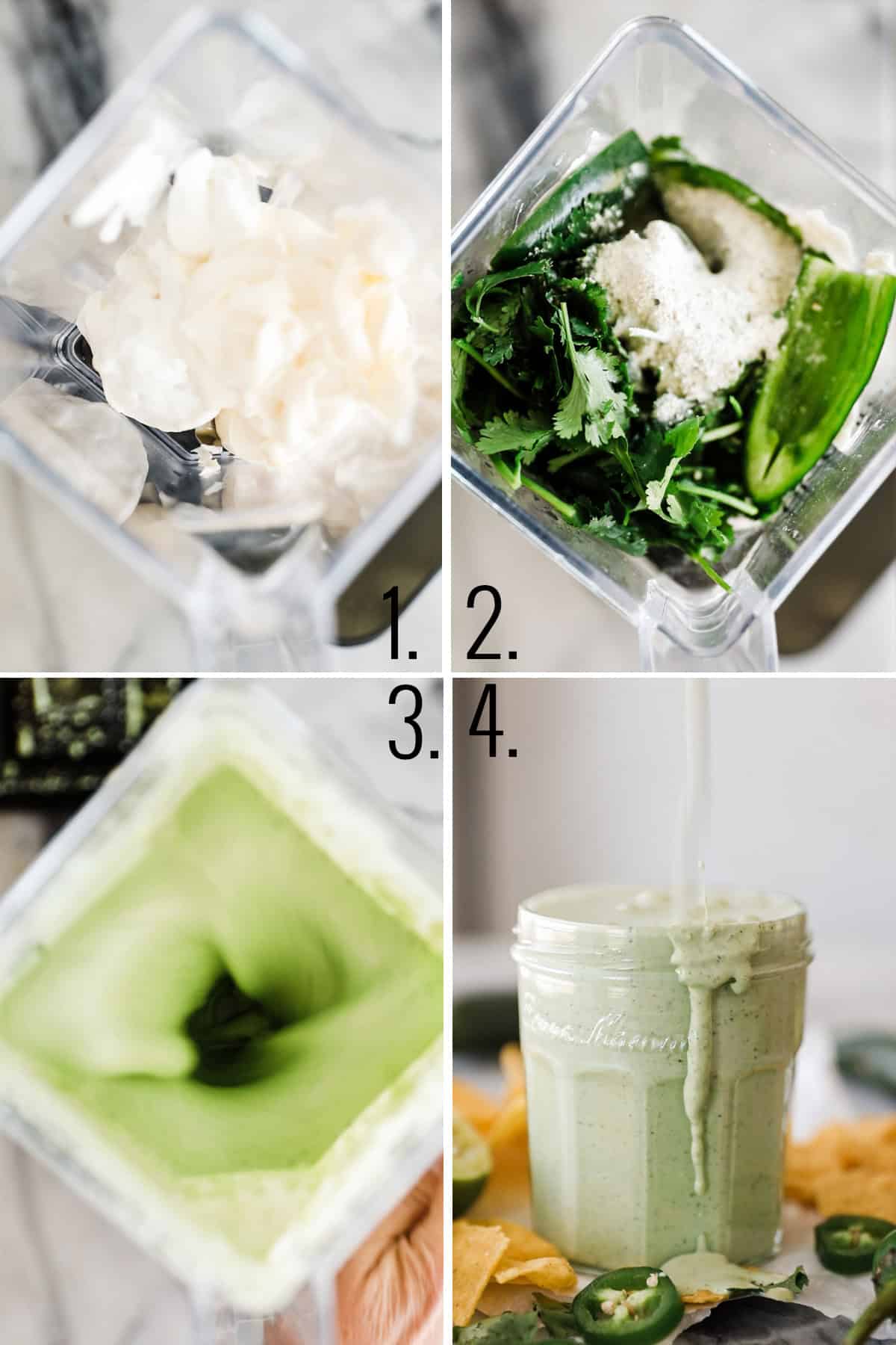 Four step by step photos showing the ingredients added to a blender and blended.