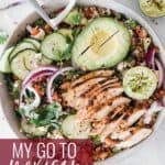 Pinterest graphic for Mexican quinoa bowl with image of bowl and text on top.