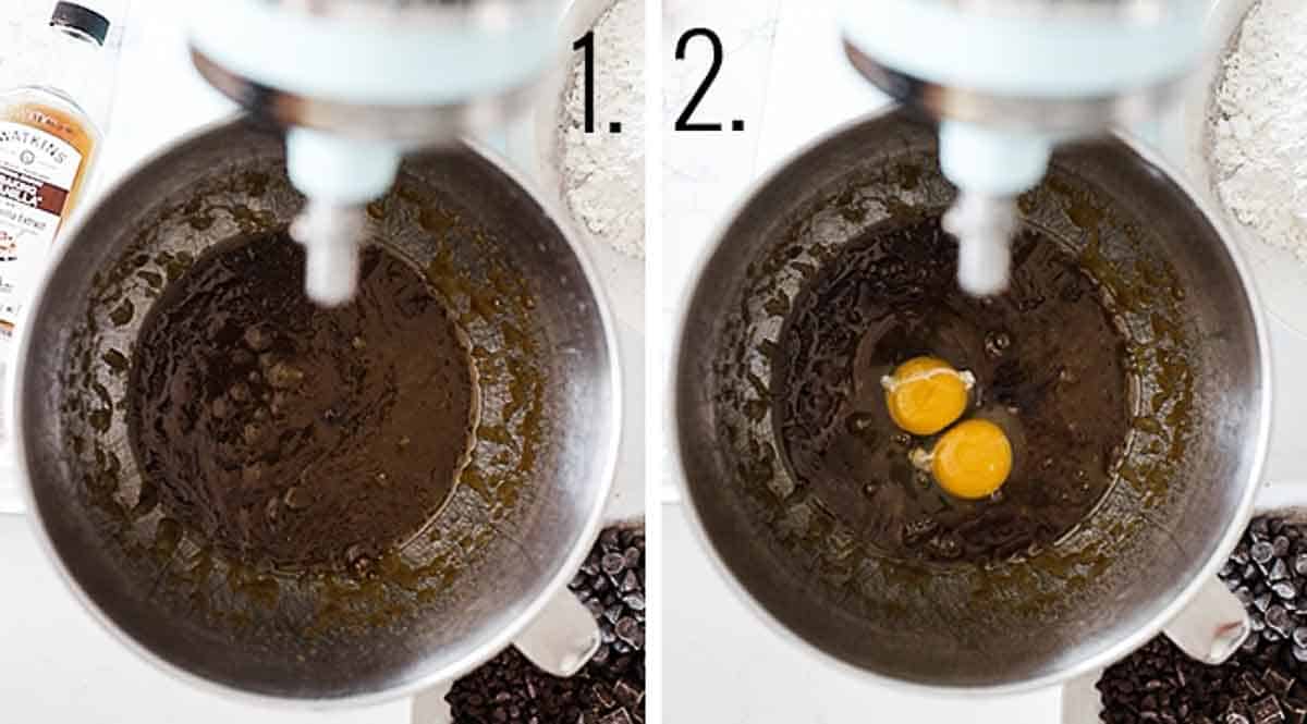 A collage of images of the butter and sugar in a mixing bowl and then with the eggs added.