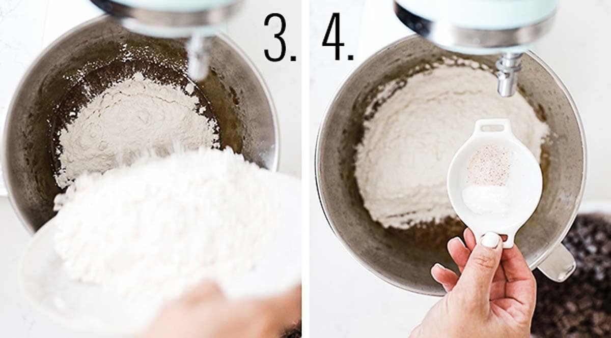 A collage of adding the flour and then the salt and baking soda to the bowl.