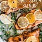 Pin for pinterest graphic with image of glazed salmon.