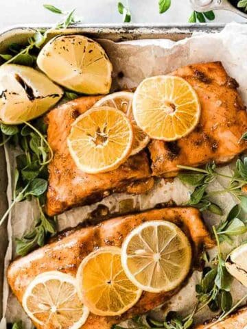 Citrus glazed salmon on a metal baking tray. The filets are topped with lemon slices.